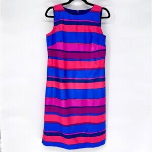 Talbots Sleeveless Shift Dress Size 8 Blue Pink Stripe Midi Sheath